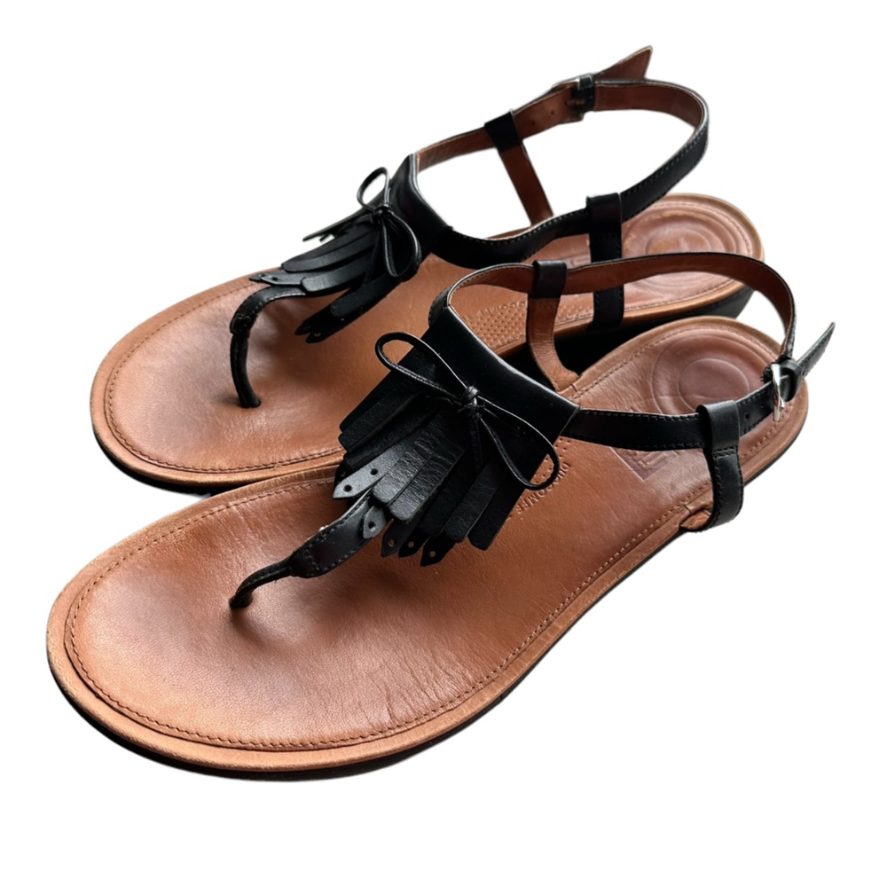 Fitflop Fringe Black Toe Thong Leather Tia Flats Sandals Comfort Technology